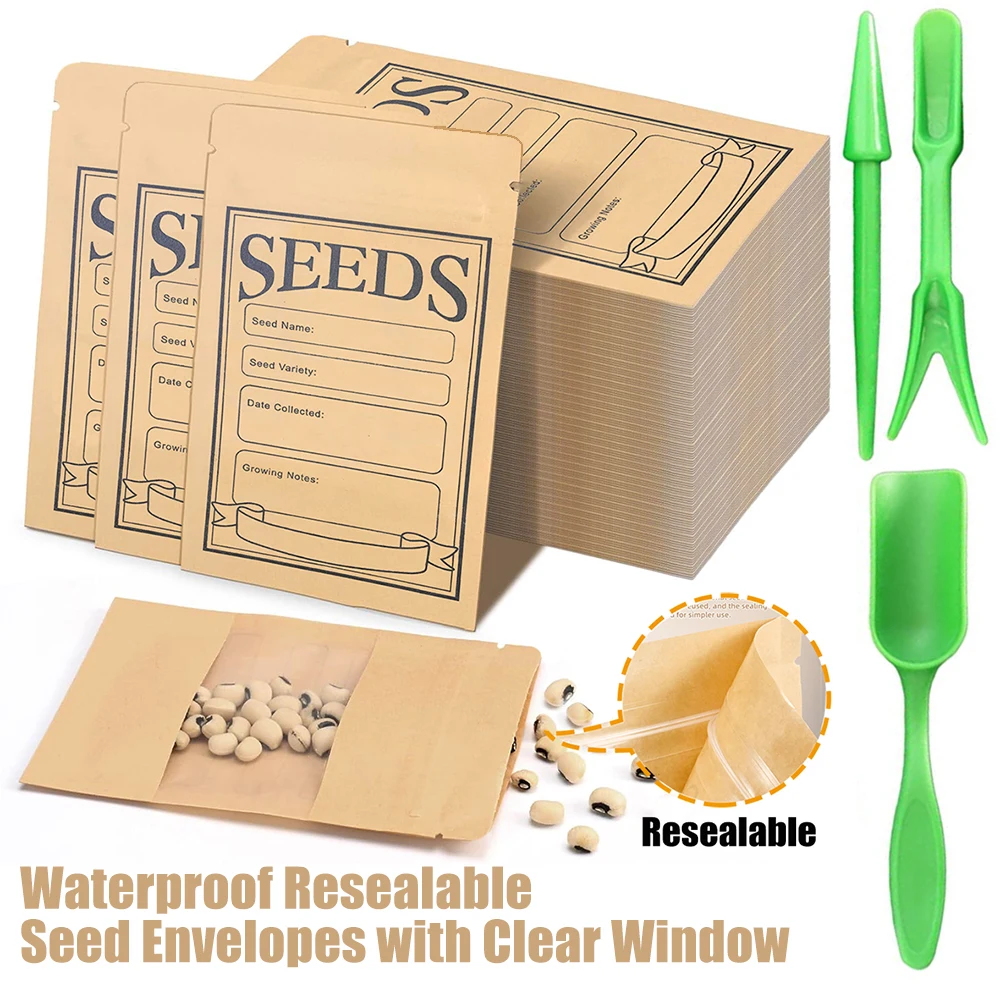 50pcs Resealable Clear Window Seed Envelopes Bag Saver Bags, Printed Kraft Paper Seed Packets Storage Bag With Garden Tools
