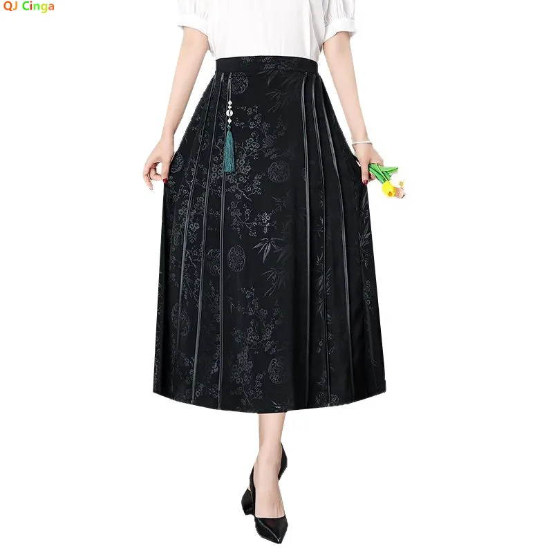 2026 Spring Women's Black Skirt, Chinese-Style High-Waisted Fashion A-Line Skirts, Jacquard Fabric, Asian Sizes.