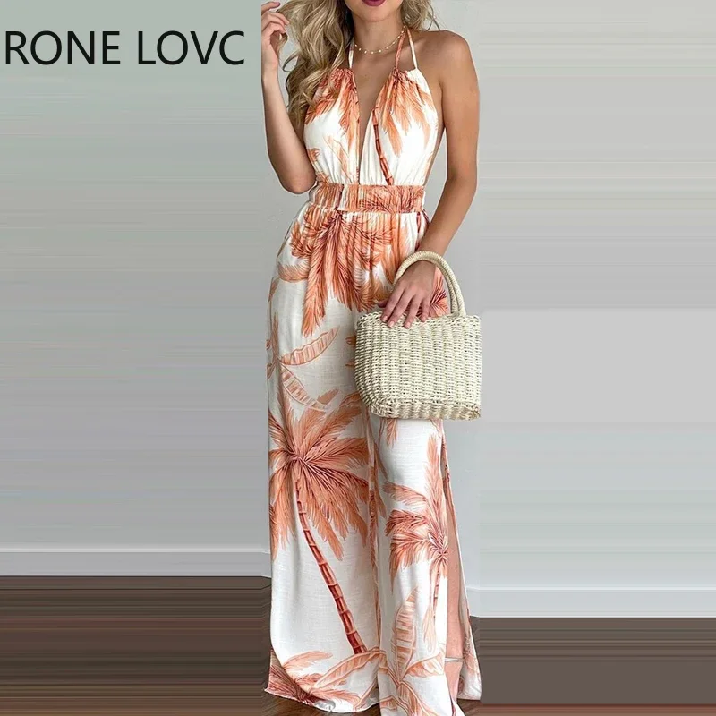 Women Jumpsuits Outfits Summer Jumpsuit Tropical Print Halter V Neck Jumpsuit