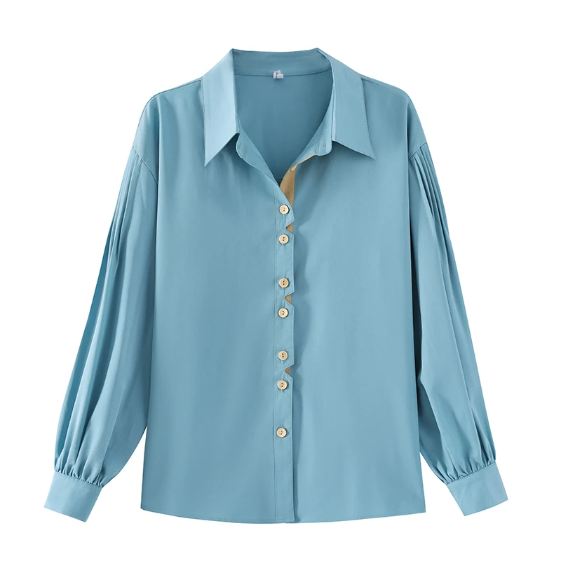 Camicie in chiffon alla moda Colore azzurro Patchwork Colletto rovesciato Manica lunga Elegante camicetta da donna da ufficio con maniche a lanterna