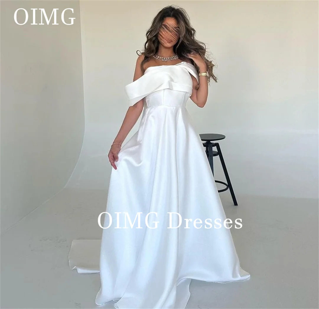 

OIMG Saudi Prom Dresses Strapless Floor Length Satin White Short Sleeves White Vintage Simple Evening Gowns Formal Party Dress