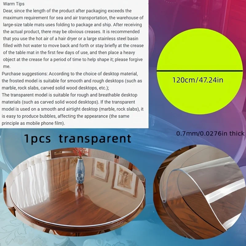 120 130cm Clear Round PVC Table Protector Transparent Tablecloth Waterproof Oilproof Soft Glass Dining Desk Mat Cover Pads Decor