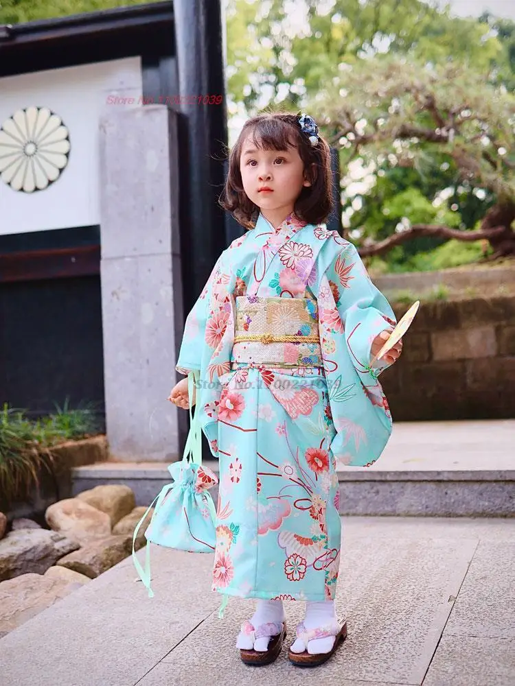 2024 japanese traditional yukata kimono children evening dress geisha flower print kimono dress festival show cosplay costume