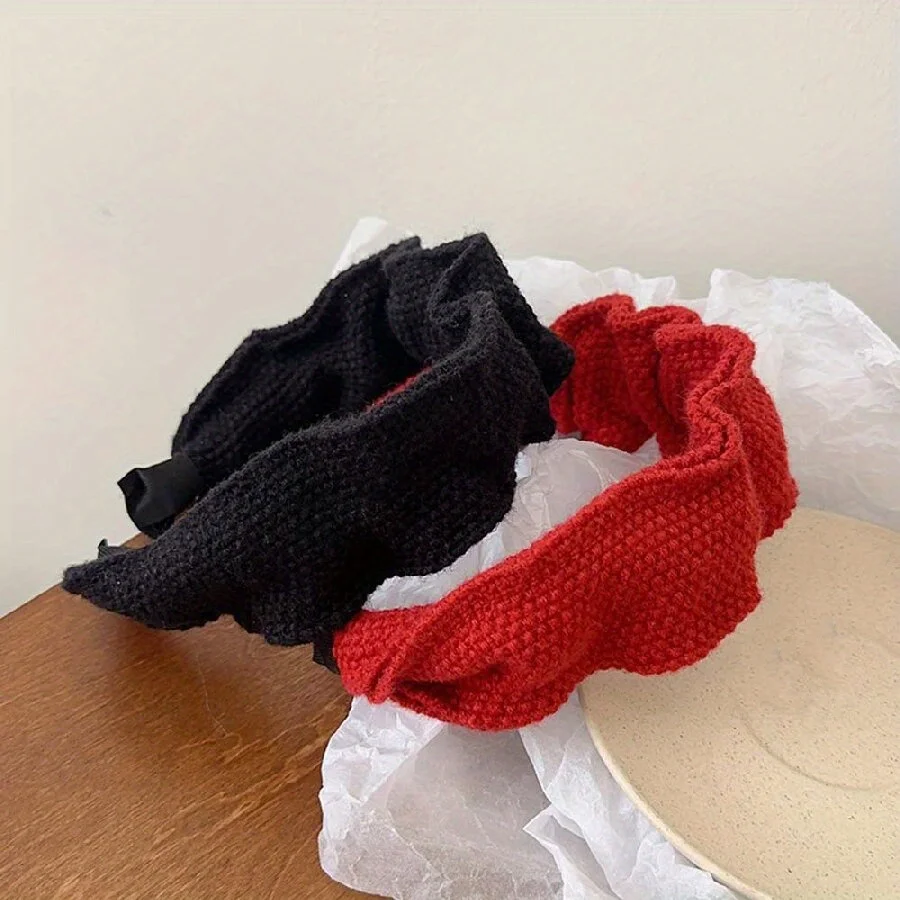 Wool Knitted Pleated Hairband Red Black Wide Headband for Women Girls Wash Face Hair Hoop Makeup Headwear Hair Accessories