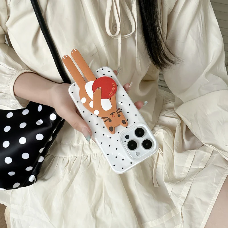 Wrinkle Polka Dot Long Leg Cat Holder Phone Case Bracket For Iphone 16 Pro Max 15 14 13 Phone Case Scratch Resistant Iphone Case