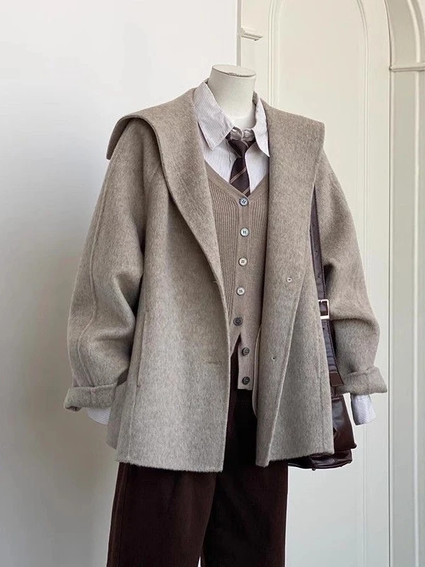 

plus Size 300 Pounds Hepburn Style Short Woolen Coat Men's Winter College Style Navy Collar Coat 2 Unisex Warmth Guaranteed