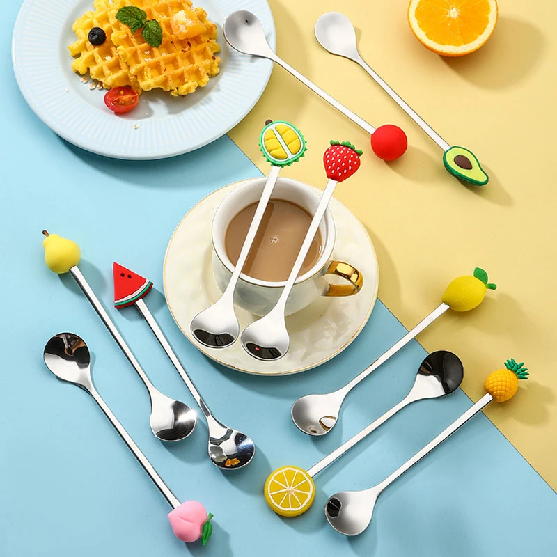 NewMini Cartoon Creative Stainless Steel Spoon Fork Cartoon Fruit Macaron Dessert Spoons Fruit Forks Milk Coffee Stirring Spoons