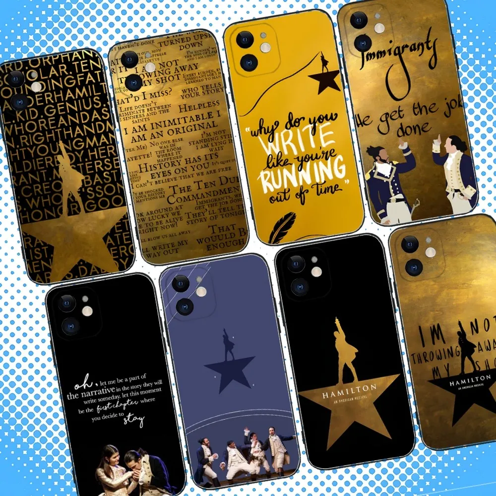 Funda de teléfono con letras musicales Hamilton para iPhone 16,15,14,13,12,11,Pro,Max,Plus,X,XS,XR,SE,8,7,Mini,funda negra de silicona suave
