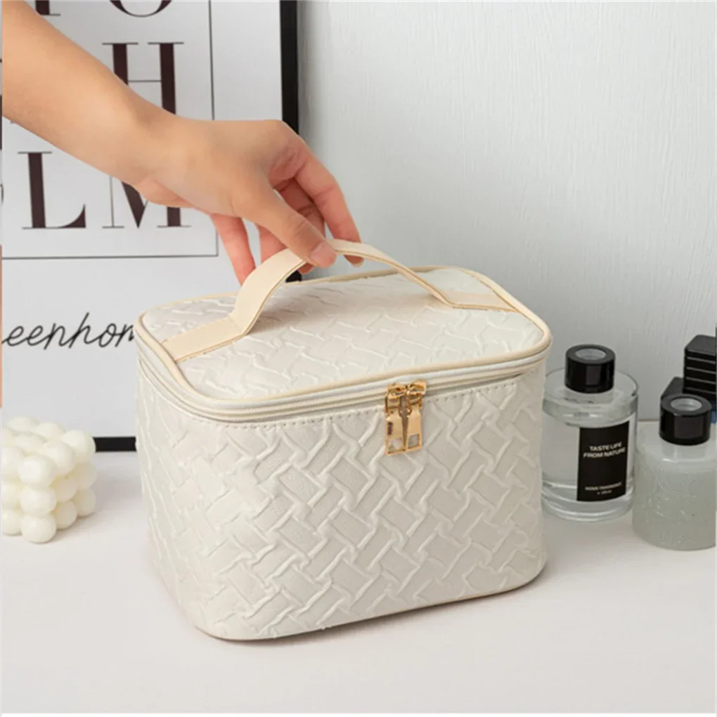 

White Premium Large capacity Portable Travel Makeup Bag, Multi-functional Cosmetic Organizer Stain-resistant Handheld Square Bag