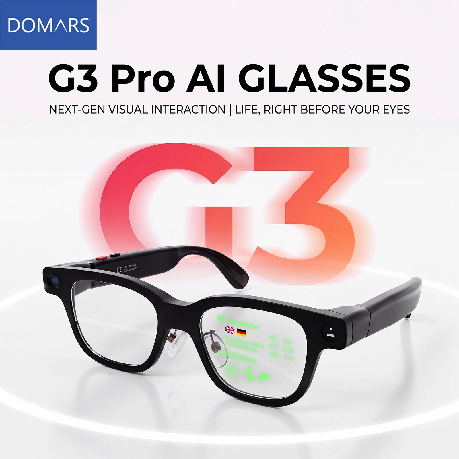 Domars AI Smart Glasses 20MP Camera AR Near-Eye Display 168 Languages Real-time Translation Navigation Teleprompter