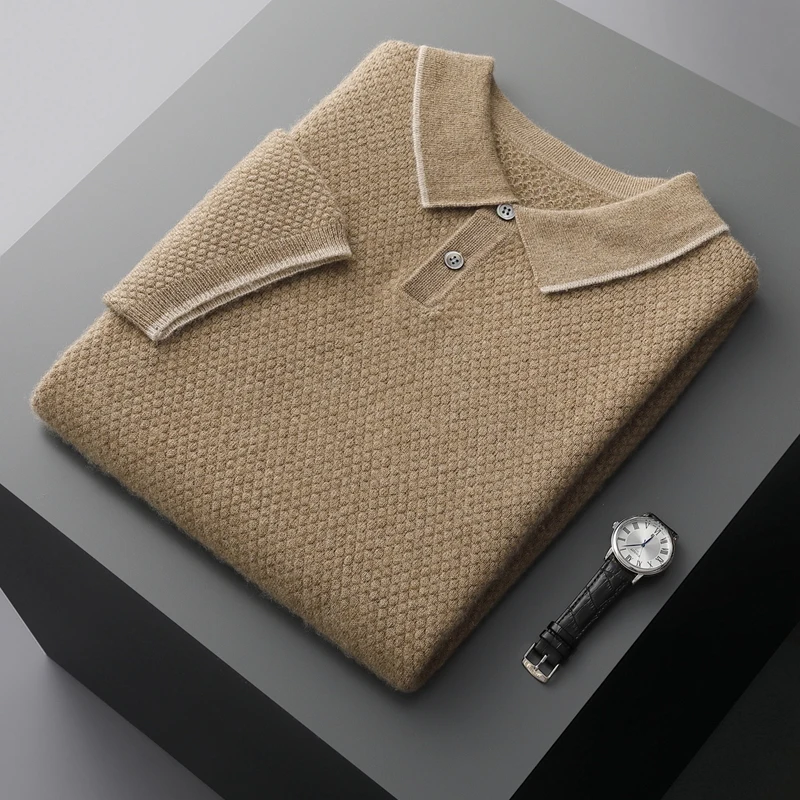 ZOCEPT 100% Cashmere Short Sleeve Sweater Autumn Winter New Casual Business Knitted Button-up Polo Collar Pullover for Men