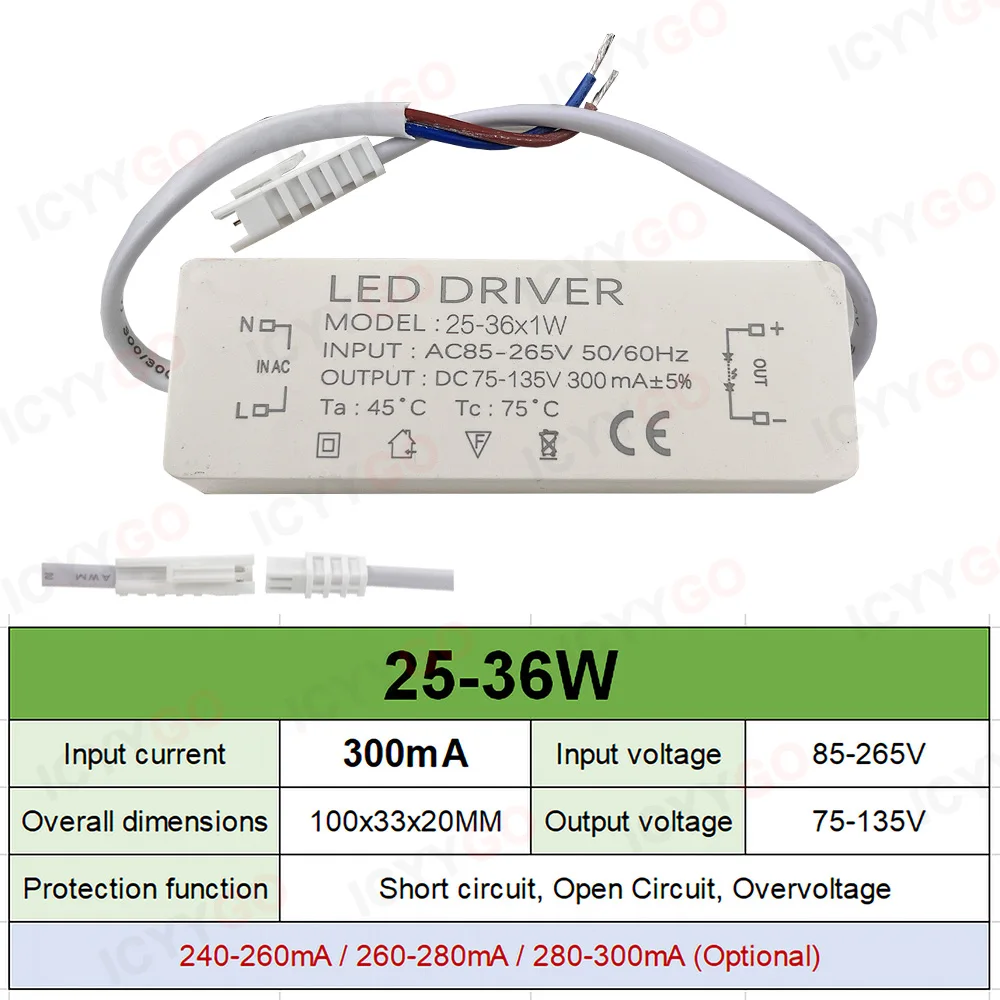 Driver de led 300ma 600ma 900ma 1-3w 4-7w 8-12w 18w 18-25w 25-36w led transformador de fonte de alimentação de unidade de corrente constante