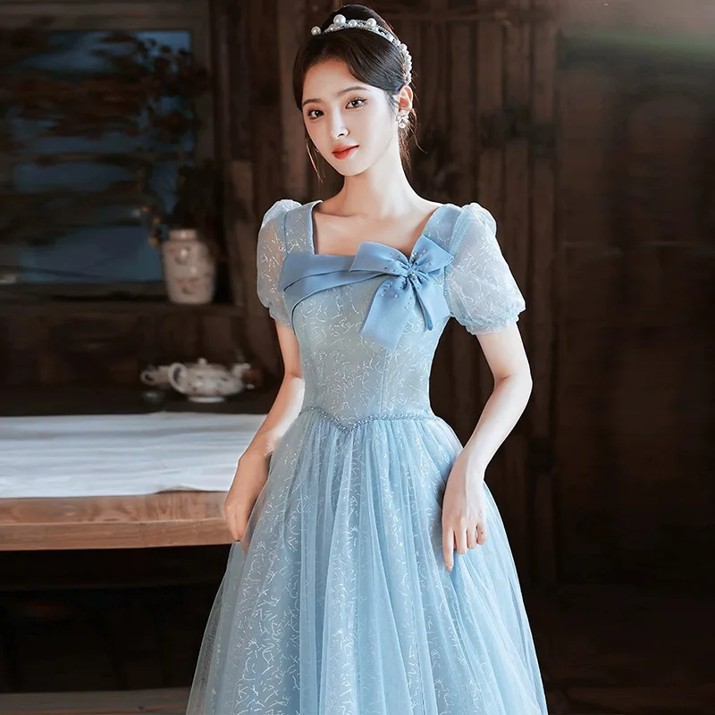 Blue Square Collar Evening Dress For Women New Banquet Style Light Luxury Small Group Adult Birthday Short Sleeve Length Dresses