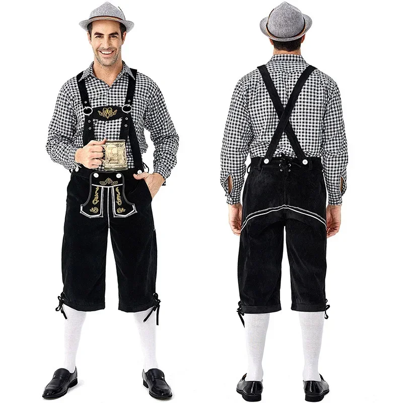 Plus rozmiar tradycyjny męski Oktoberfest Lederhosen z szelkami kapelusz kostiumy zestaw dla piwa męski kostium Cosplay na Halloween piwo