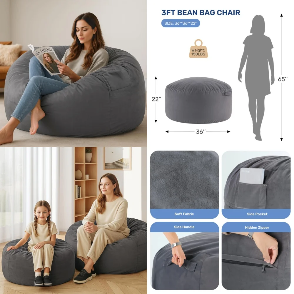 

Bean Bag SofasComfortable Memory Foam Bean Bag Chair Grey for Living Room Bedroom Lounging