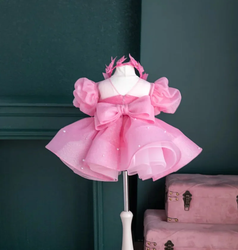 Customized Pink Flower Girl Dresses for Wedding Short Sleeves with Bow Pearls Kids Birthday Party First Communion Pageant Gown