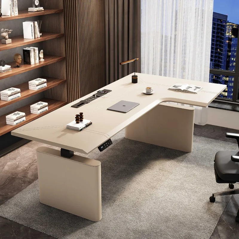 

Corner Electric Lifting Table Legs L-Shaped Corner Saddle Leather Surface Workbench Desk Home Computer Office Study