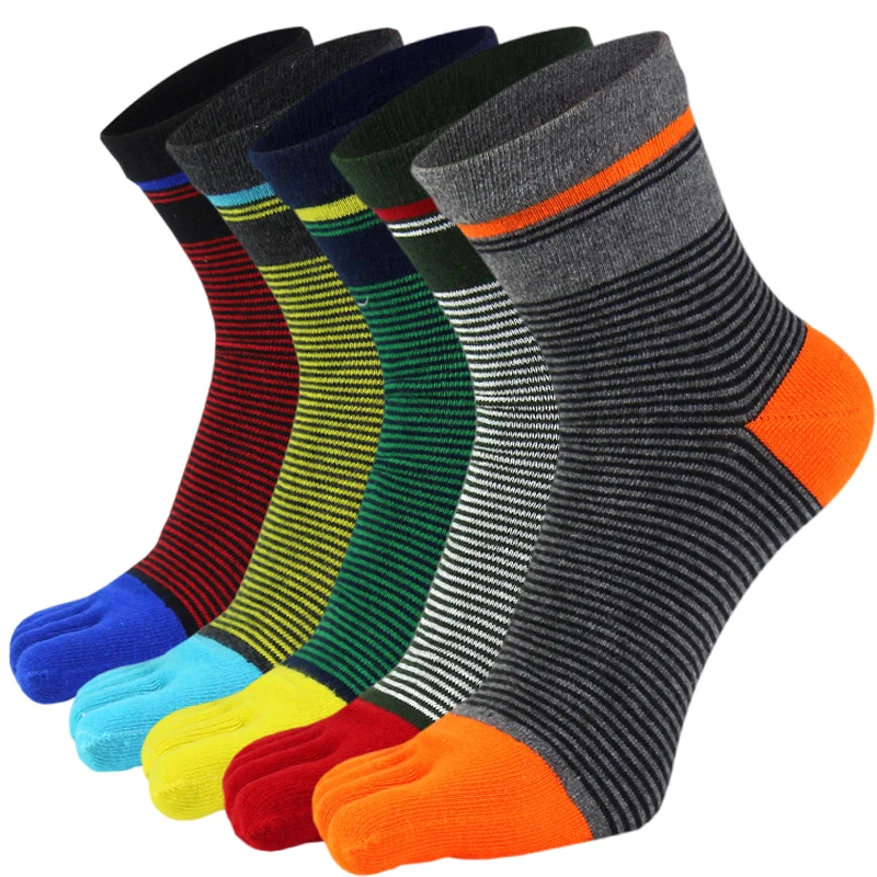 5 Pairs Cotton Five Finger Socks Men Breathable Middle Tube Striped Colorful Dress Business Casual Toe Socks with 5 Toes Male