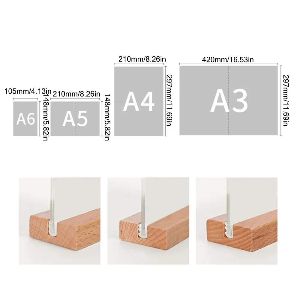 A4/A5/A6 Table Top Acrylic Sign Holder Double Sided Menu Paper Display Stand With Wood Base Creative Picture Card Frame