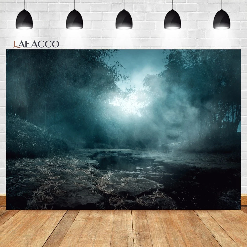 Laeacco Misty Dark Forest Woods Halloween Backdrop Gloomy Grove Mystery Ghost Themed Kids Adults Portrait Photography Background