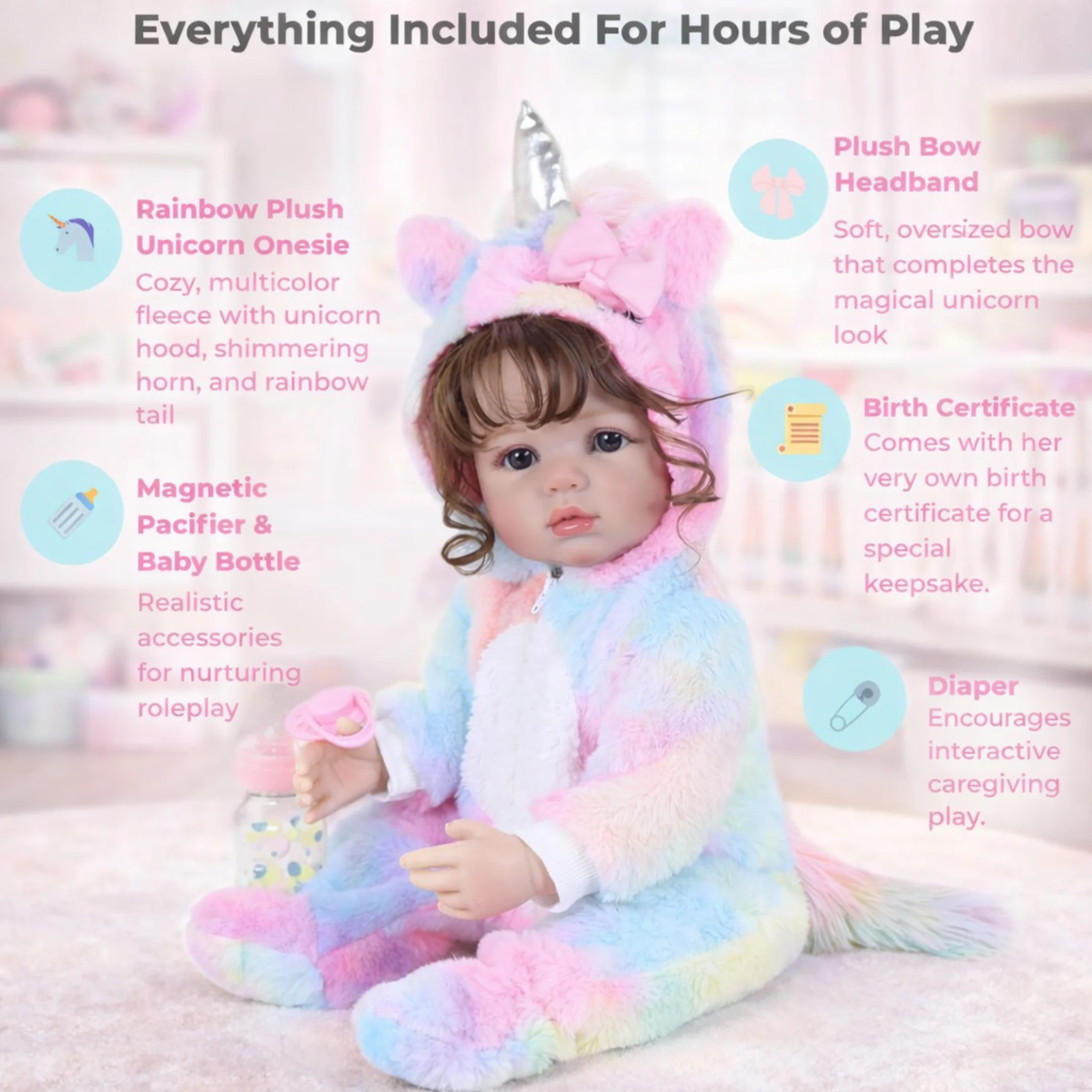 

Rainbow Unicorn Baby – 22" Realistic Reborn Toddler Doll w/Soft Full Vinyl Body, 3D Painted Facial Veins, Rooted Brown Hair