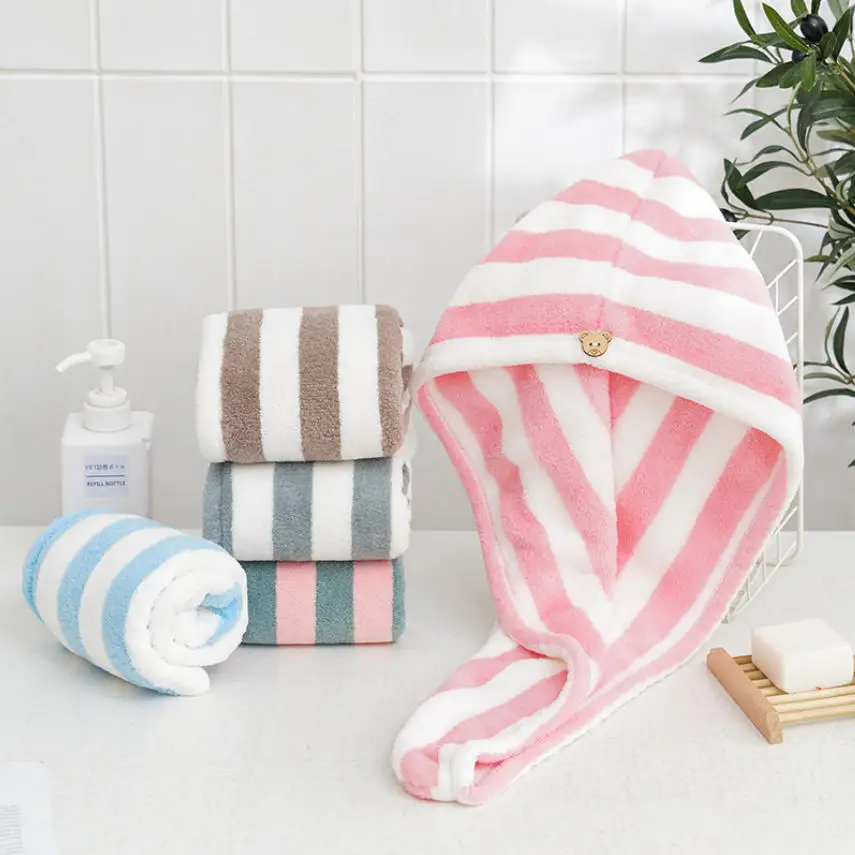 Dry Hair Towel Microfiber Coral Velvet Striped Pattern Hair Cap for Women Turban Water-Absorbent Quick-Drying Striped Shower Cap view 6