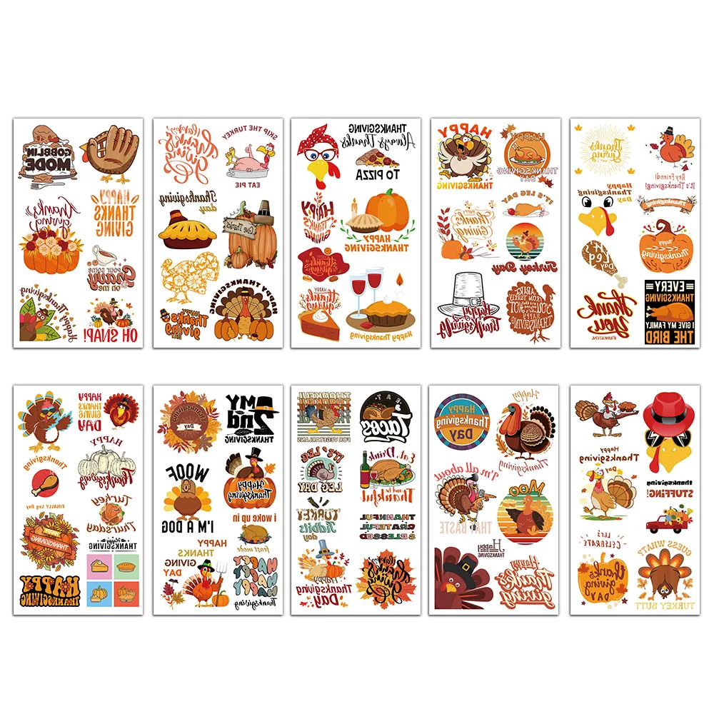 10PCS Thanksgiving Tattoo Stickers Turkey Exquisite Festival Cartoon Safe Water Stickers Arm Face Headhead Waterproof Stickers