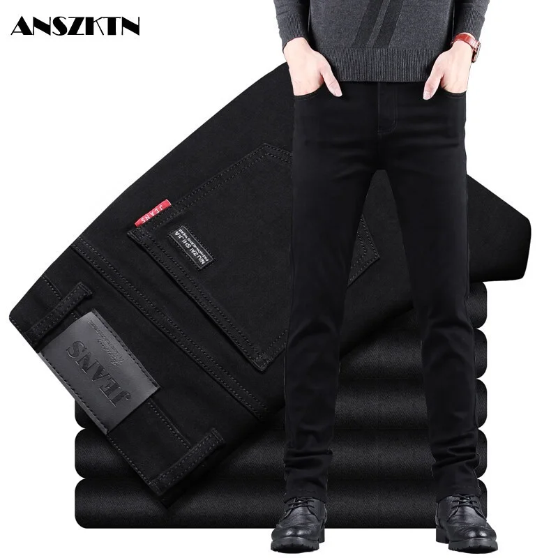 ANSZKTN-pantalones vaqueros informales para hombre, Jeans de negocios, ajustados, elásticos, de talla grande, azul, negro, color sólido, baratos