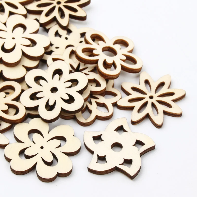 20pcs Wooden Embellishments Flower Shape Cutouts DIY Scrapbooking Crafts Wooden Discs Wood Slice Ornament Home Decoration