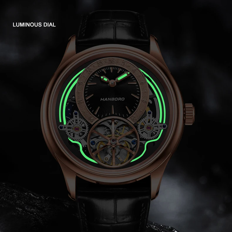 Hanboro Heren Luxe Horloge 41Mm Automatisch Mechanisch Polshorloge Waterdicht Lichtgevend Skelet Wijzerplaat Saffier Spiegel