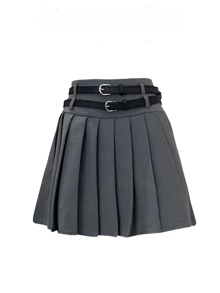 

Gray Double Belted A-Line Skirt Women's plus Size Spring New Versatile Pleated Short Skirt Korean Style High Waist