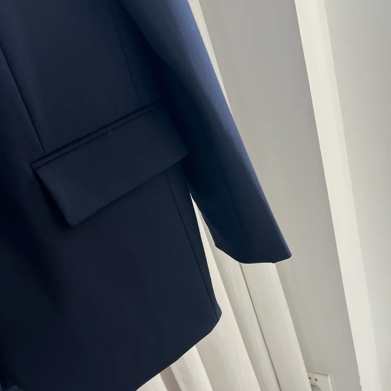 الأزرق الداكن الدعاوى النساء عارضة الصلبة الحلل السيدات التلبيب معطف طويل الأكمام جيب قمم الإناث السترة زر جيب معاطف