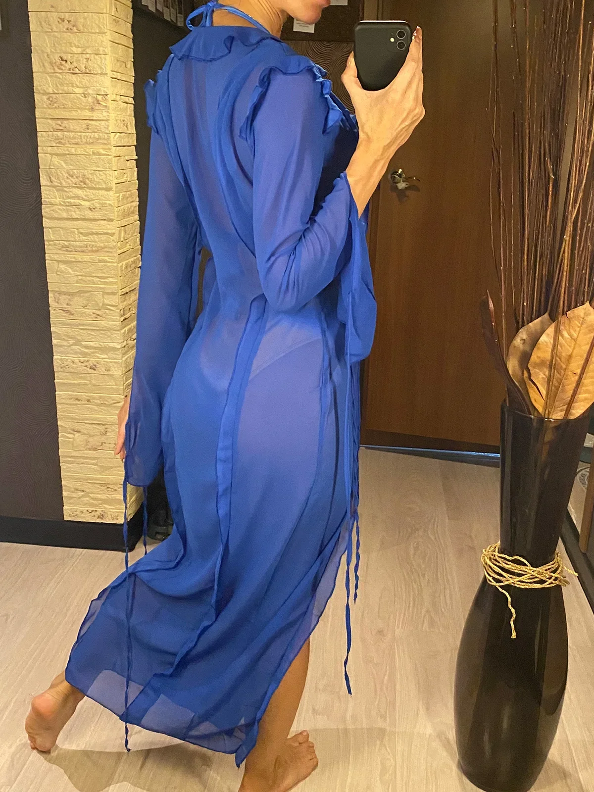 BWQ Deep V Neck High Split Long Dress Ruffles Beach Cover Up Bikini Cover-ups Beach Dress Beach Wear Beachwear Female Women