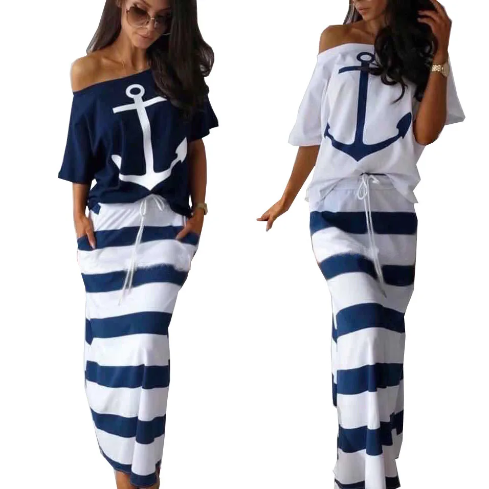 AL088 Women\'s Independent Station Skirt Set Anchor Printing Two-piece Set Navy Striped Skirt