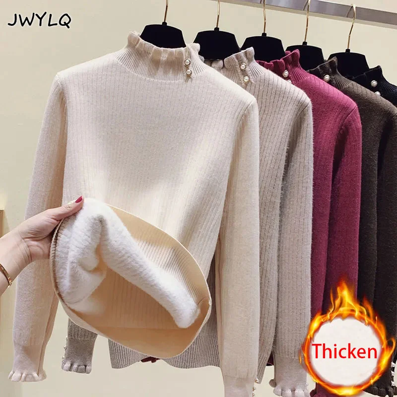 2023 New Autumn Winter Women Pullover Turtleneck Sweater Vintage High Quality Thicken Warm Mink Fleece Lining Knitted Sweaters