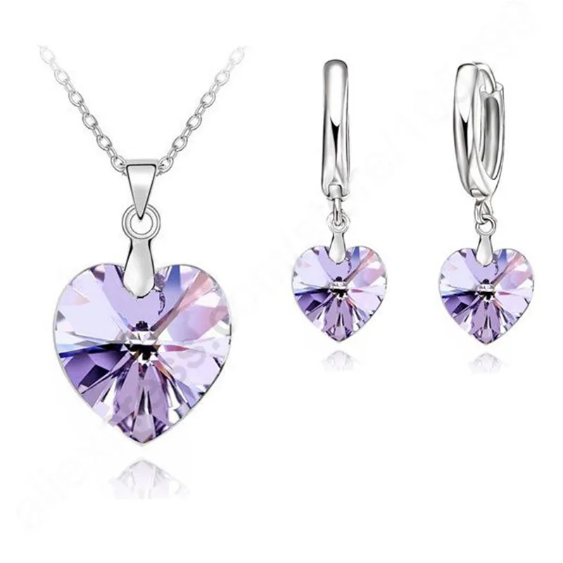 Romantic Violet Crystal Ocean Heart 925 Sterling Silver Pendant Necklace Earring Fine Jewelry Set With Lever Back Earring