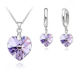 Romantic Violet Crystal Ocean Heart 925 Sterling Silver Pendant Necklace Earring Fine Jewelry Set With Lever Back Earring