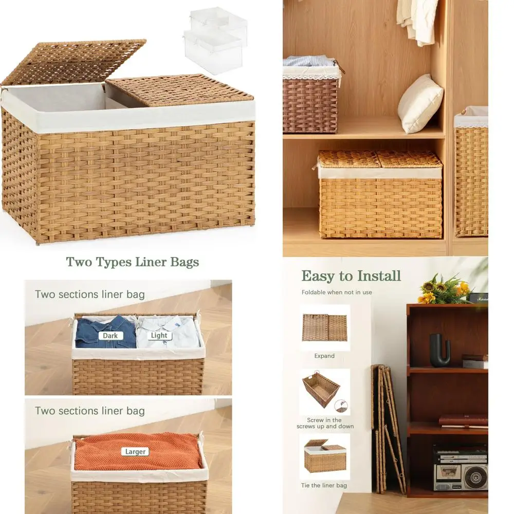 

Rattan Storage Basket with Dual Lid, 27.8 Gallon Capacity, 25.2x15.4x16.1 Inches, Woven Wicker with Liners and Handles for Bedro