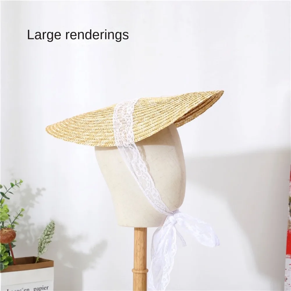 French Style Lolita Straw Hat Victorian Bonnet Handmade Beach Hat Sweet Lace-up Hair Accessories Flat Top Hat view 2