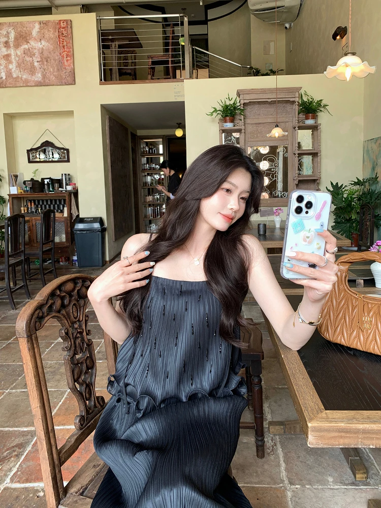 

Syeee Bla Beaded Hem Crop Top And Skirt Set Women's Summer High-End Vertical Stripe Strapl Faion Ensemble