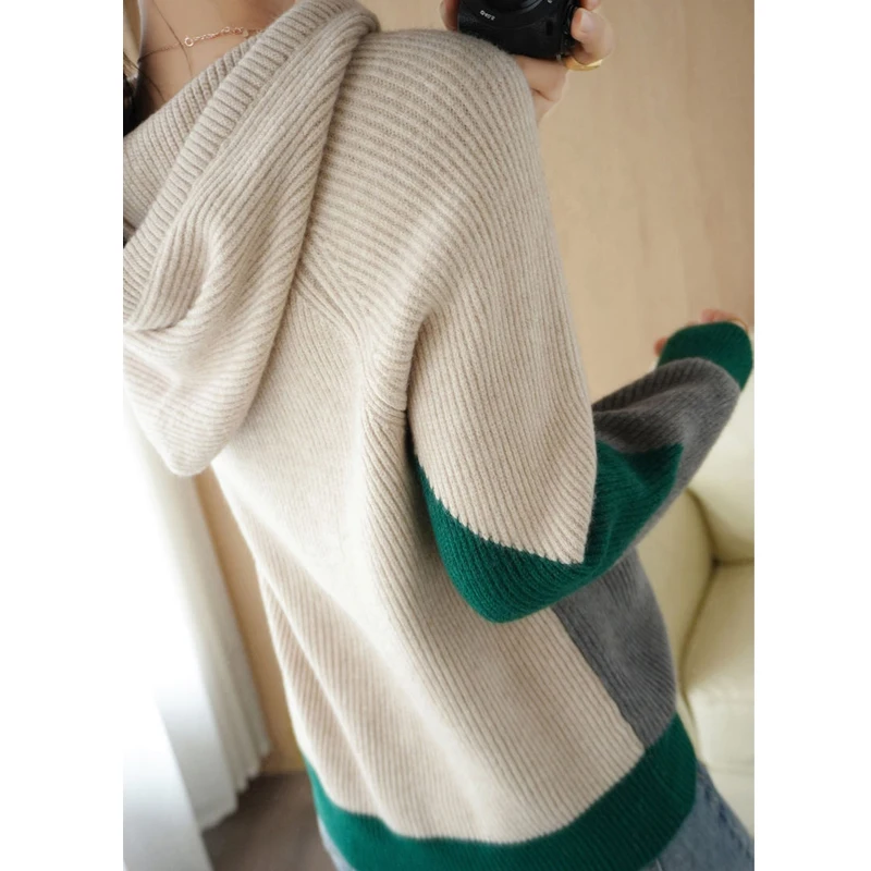 Women Clothing Fall Winter Trendy Contrast Color Hooded Sweater Casual Long Sleeve Loose Pullover Tops Drawstring Knitted Hoodie