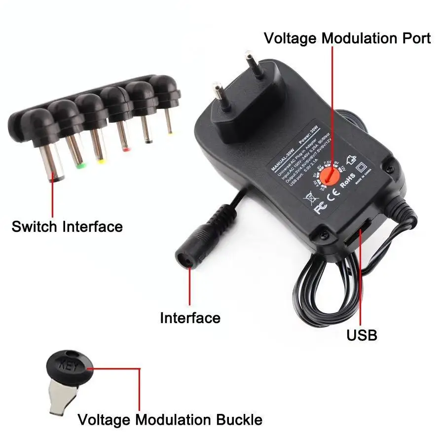 30W Uniwersalny adapter EU UK Socket 3V 4.5V 5V 6V 7.5V 9V 12V AC DC Converter z 6Pcs Jack 5V 2.1A Port USB Charge