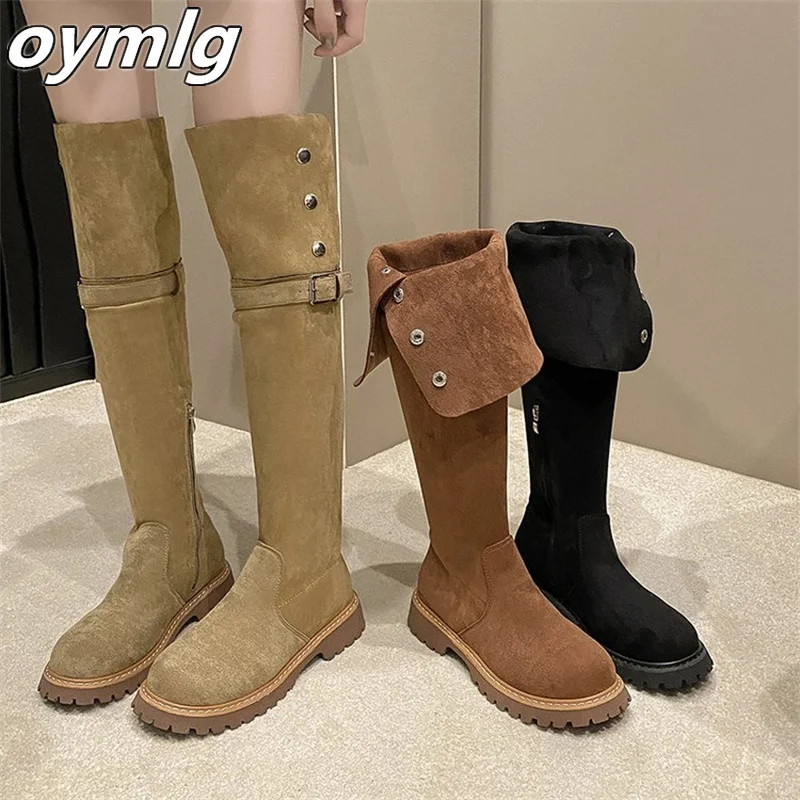 Thick soled knee high boots for women 2024 new style autumn and winter suede versatile high boots for both wear black boots