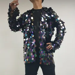 Shiny Sequin Mesh Coat Male Women Stage Performance Costume Club Party Show Sequined Overcoat Rave Outfit Hip Hop Dance Clothes