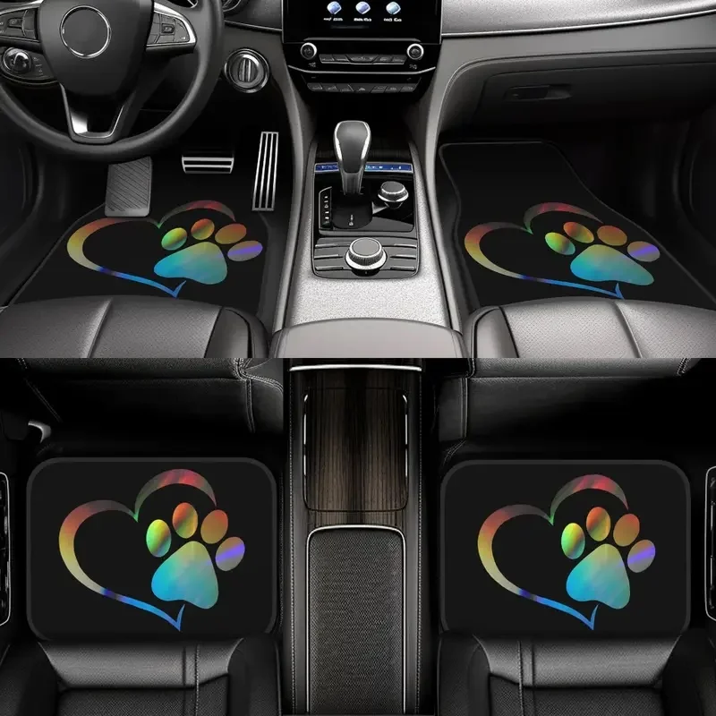 Set Of 4 Holographic Car Floor Mats Featuring Heart And Paw Print Design - Easy To Clean Interior Additions | Fits Most Vehicles