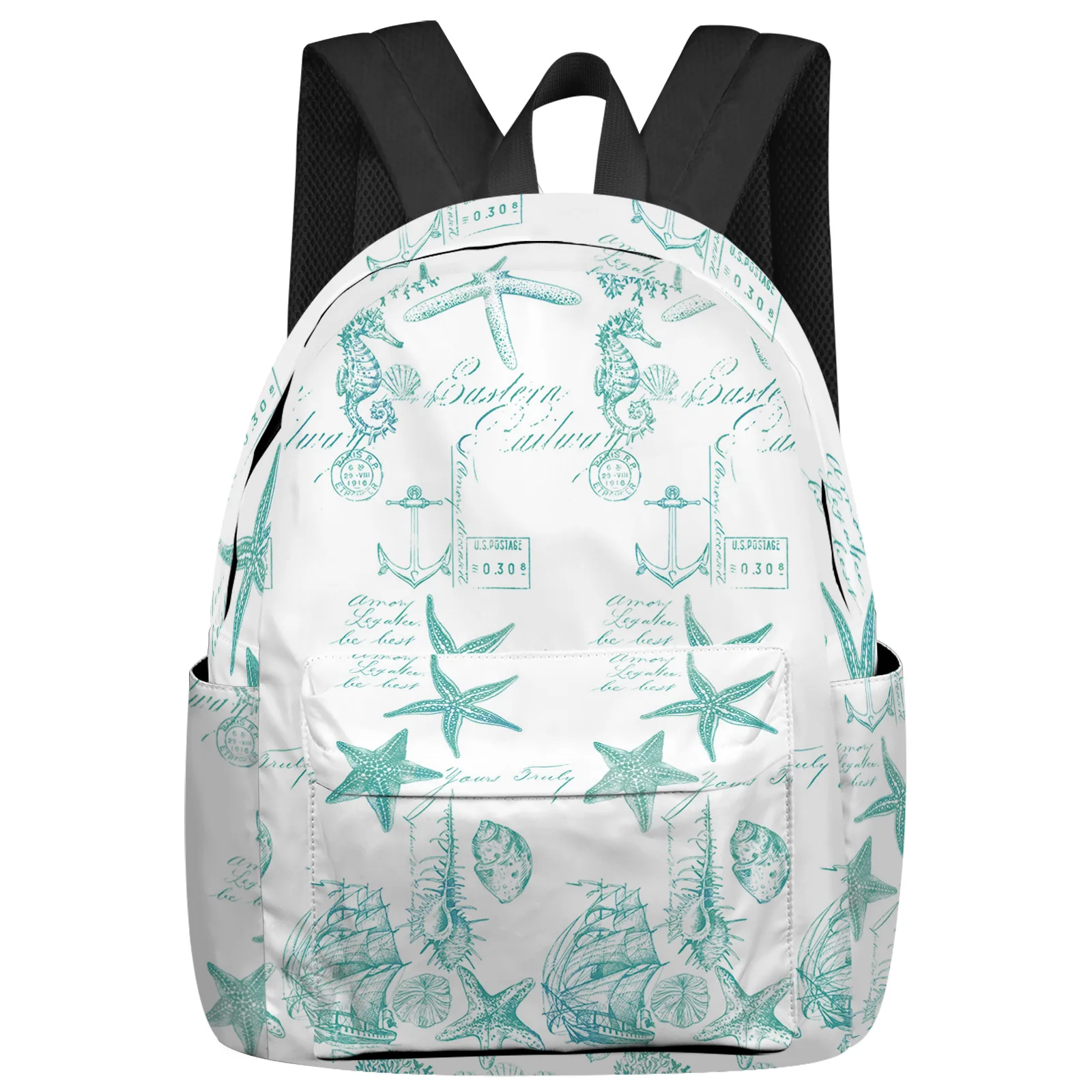 Aqua Ocean Starfish Conch Seahorse Anchor Backpacks Custom Student School Bags Laptop Backpack Men Women Female Travel Mochila