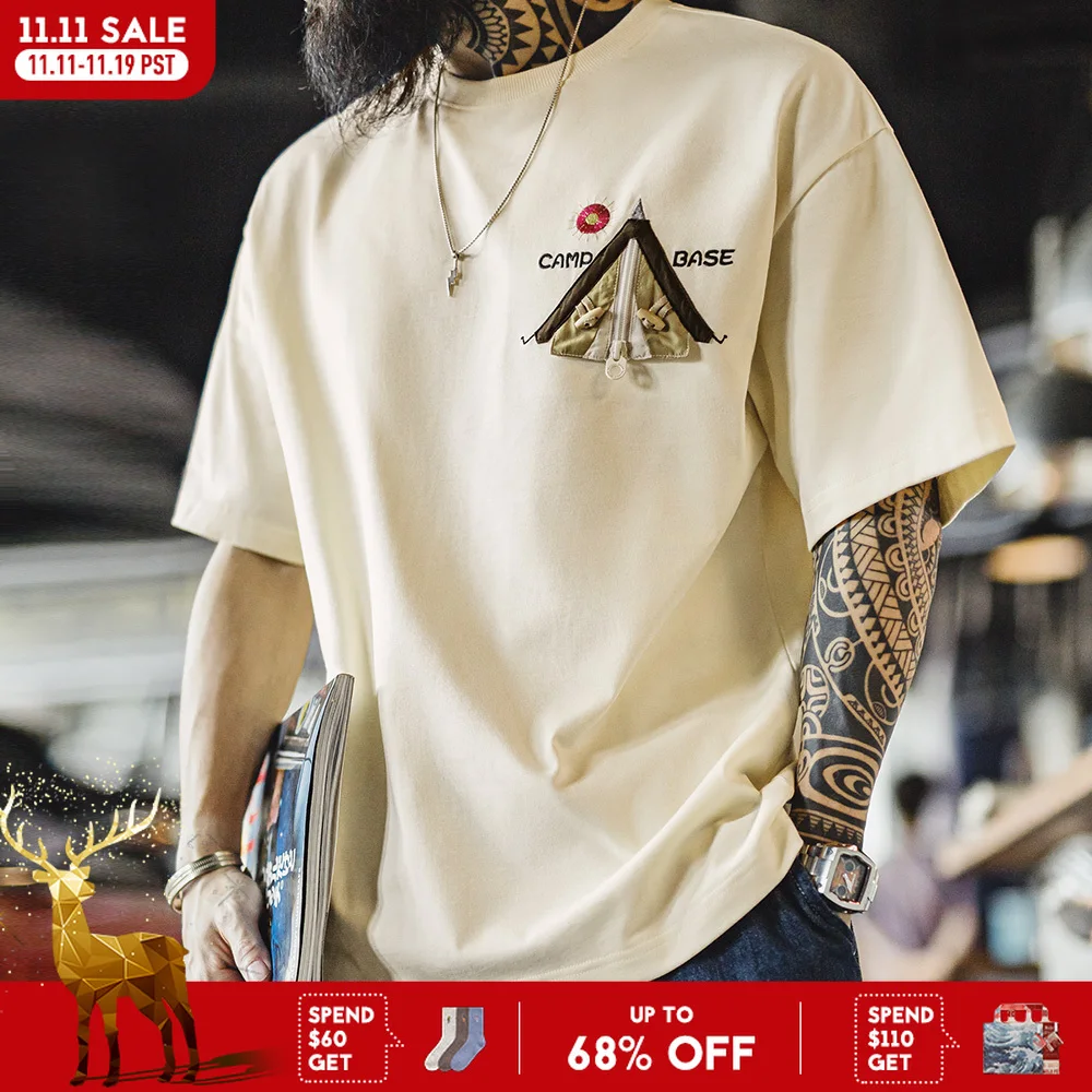 

Винтажная лоскутная футболка Maden с вышивкой и короткими рукавами, мужская тяжелая свободная хлопковая футболка в рубчик с круглым вырезом, повседневные топы в стиле ретро