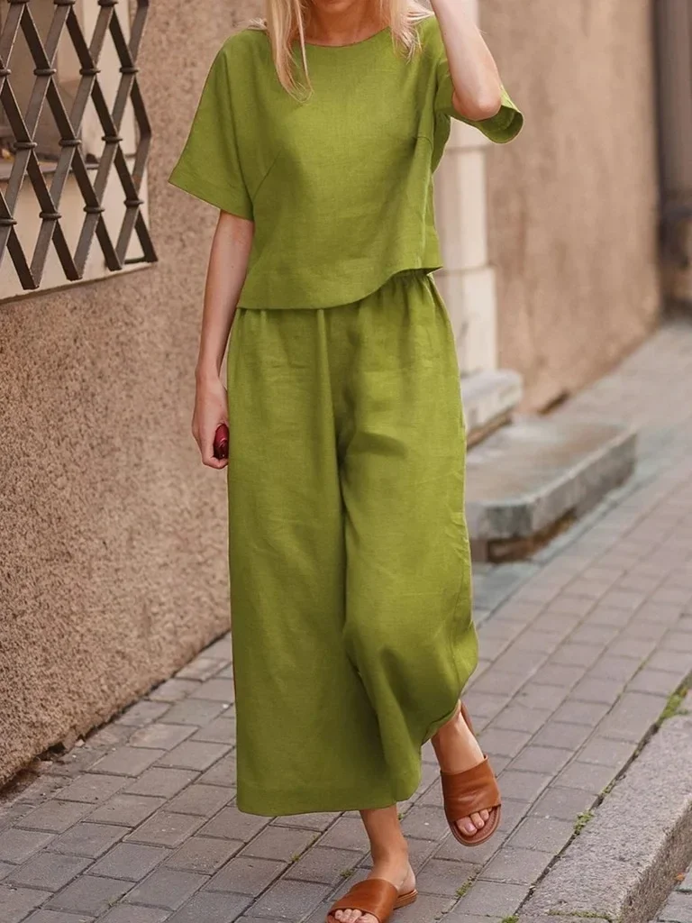 Cotton Women's Suit Pantsuit Loose O-neck Top Wide-leg Trouser Suits Female Spring Pant Sets Fashion Casual Black Set Ladies