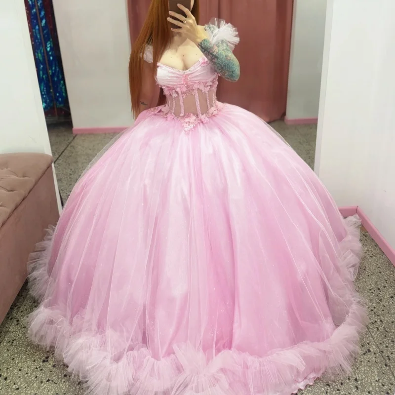 

Pink Quinceanera Dress off-shoulder Glitter 3D Flower Lace Layering Long tail Bow vestidos de 15 Quinceanera ﻿Customized
