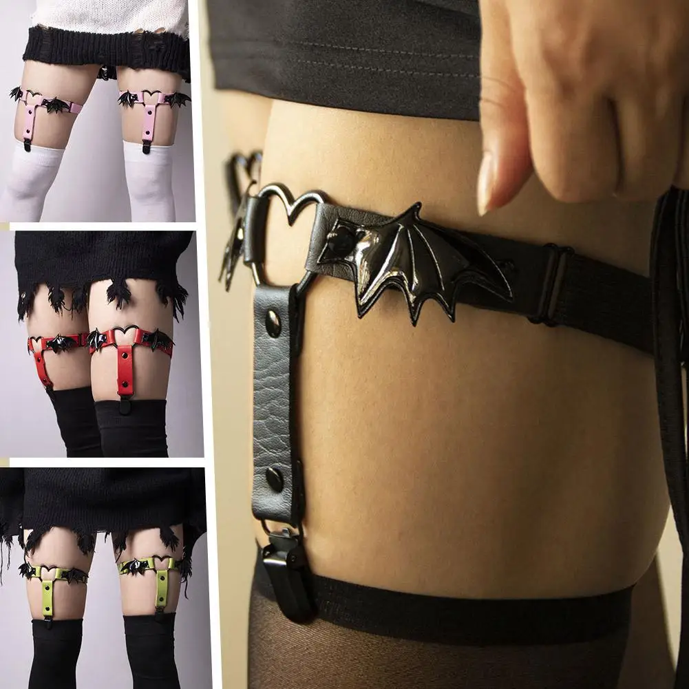 1Pair Women Gothic Heart Shape Thigh Garter With Bat Punk Nightclub Stocking Wing Anti-slip Belt Chain Leg Garter Party Leg Y6D2